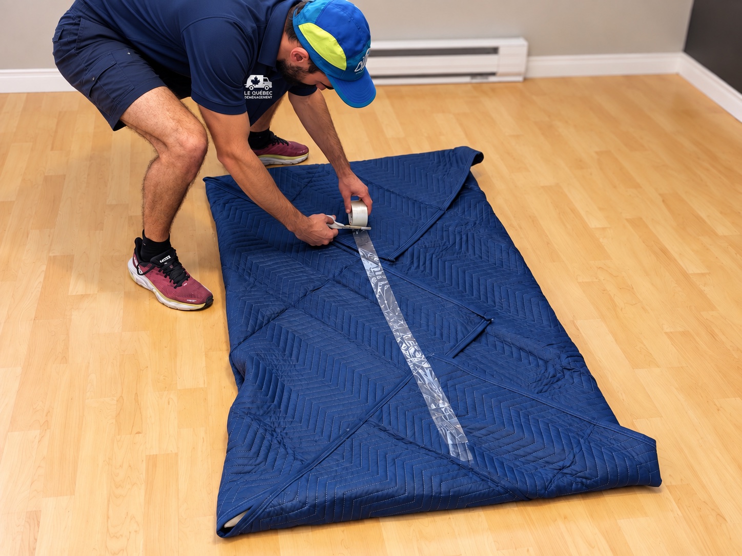 Déménageur en uniforme Le Québec Déménagement protégeant un meuble avec une couverture